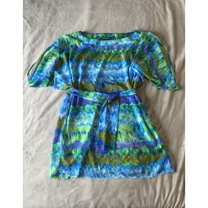 ABS Allen Schwartz Blue Green Watercolor Abstract Mini Dress Split Sleeve Large